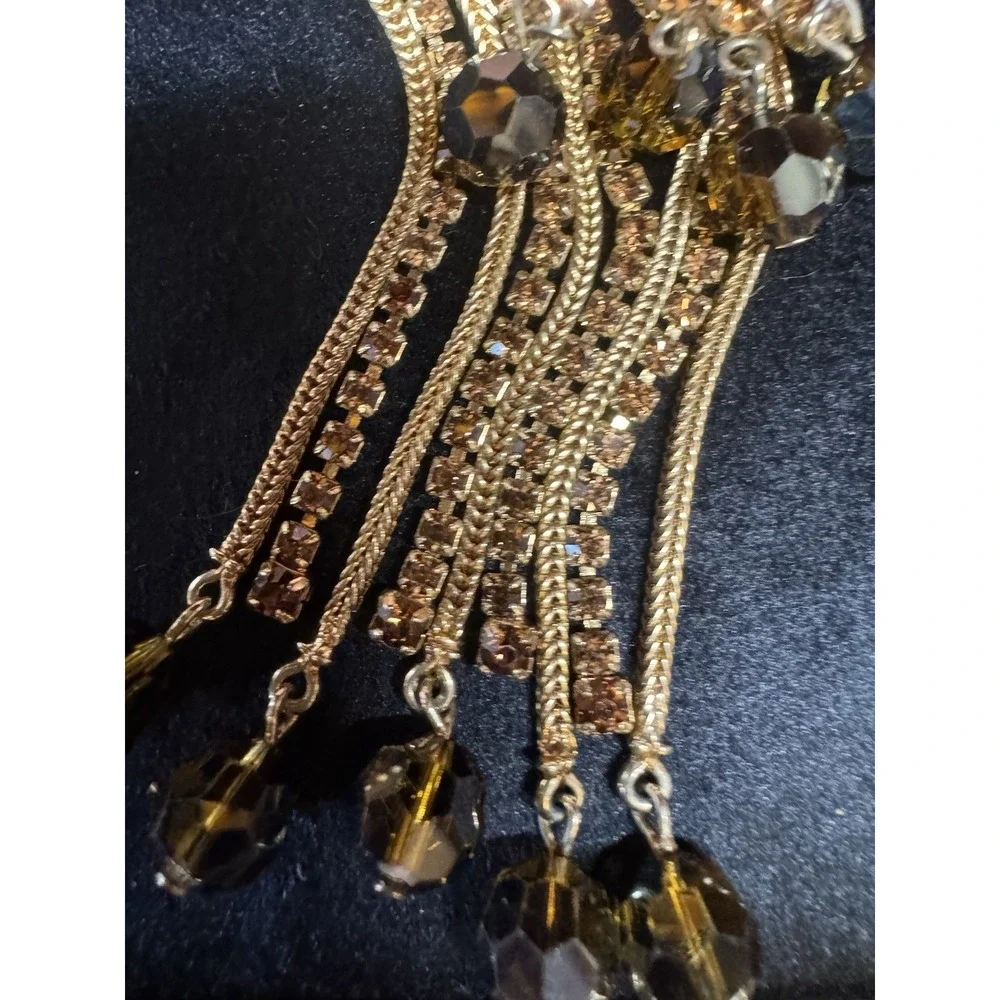 Vintage Gold Tone Waterfall Tassel Brooch Rhinestone Faceted Bead Dangle